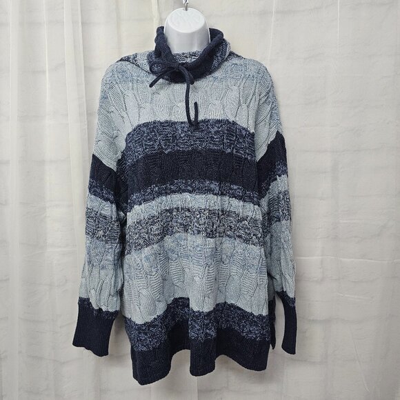 Chaps Sweater Mock Neck Blue Stripes Cableknit Preppy Casual Grunge 2X - Picture 1 of 7